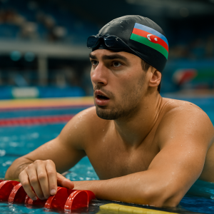 An Azerbaijani swimmer rests at the pool wall after an international race, reflecting progress