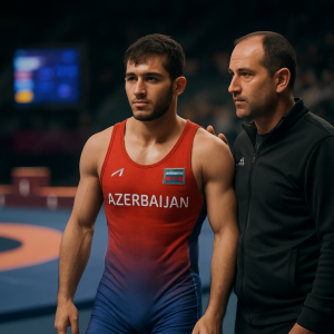 An Azerbaijani athlete reflects after a European Championship match as a coach offers support;
