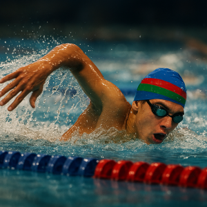 An Azerbaijani swimmer races through an international competition pool, driving toward the finish.