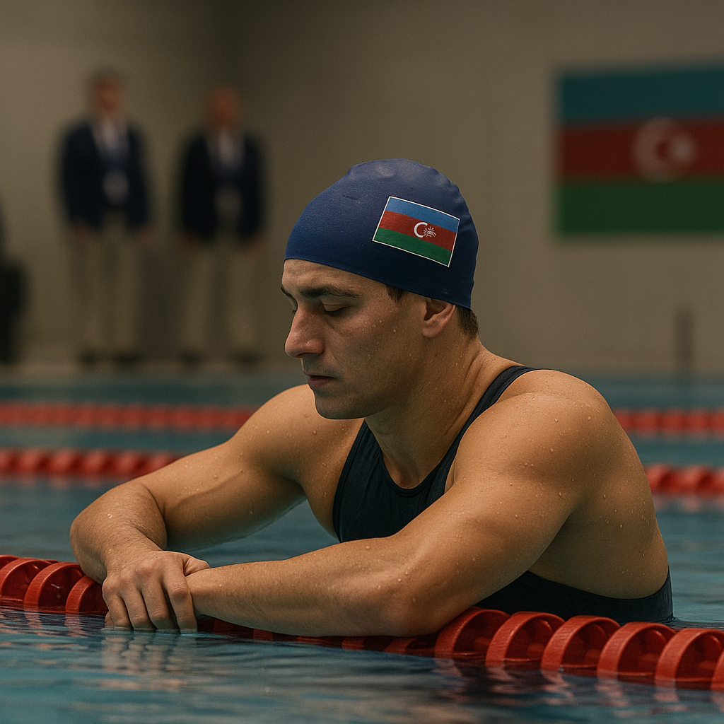 An Azerbaijani swimmer reflects beside a pool lane after an Olympic-style race, with the